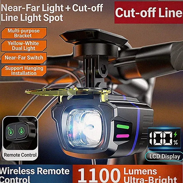 1100LM LED Wireless Bicycle Front Headlight with Remote Control-USB Rechargeable