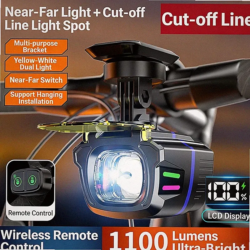 1100LM Wireless Bicycle Front Headlight with Remote Control-USB Rechargeable LED