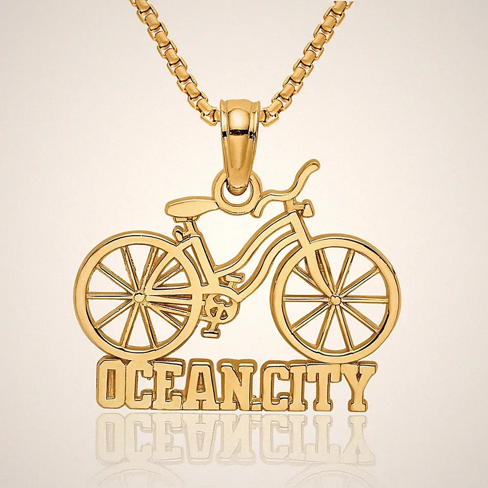 14K Solid Yellow Gold Ocean City Bicycle Bike Necklace