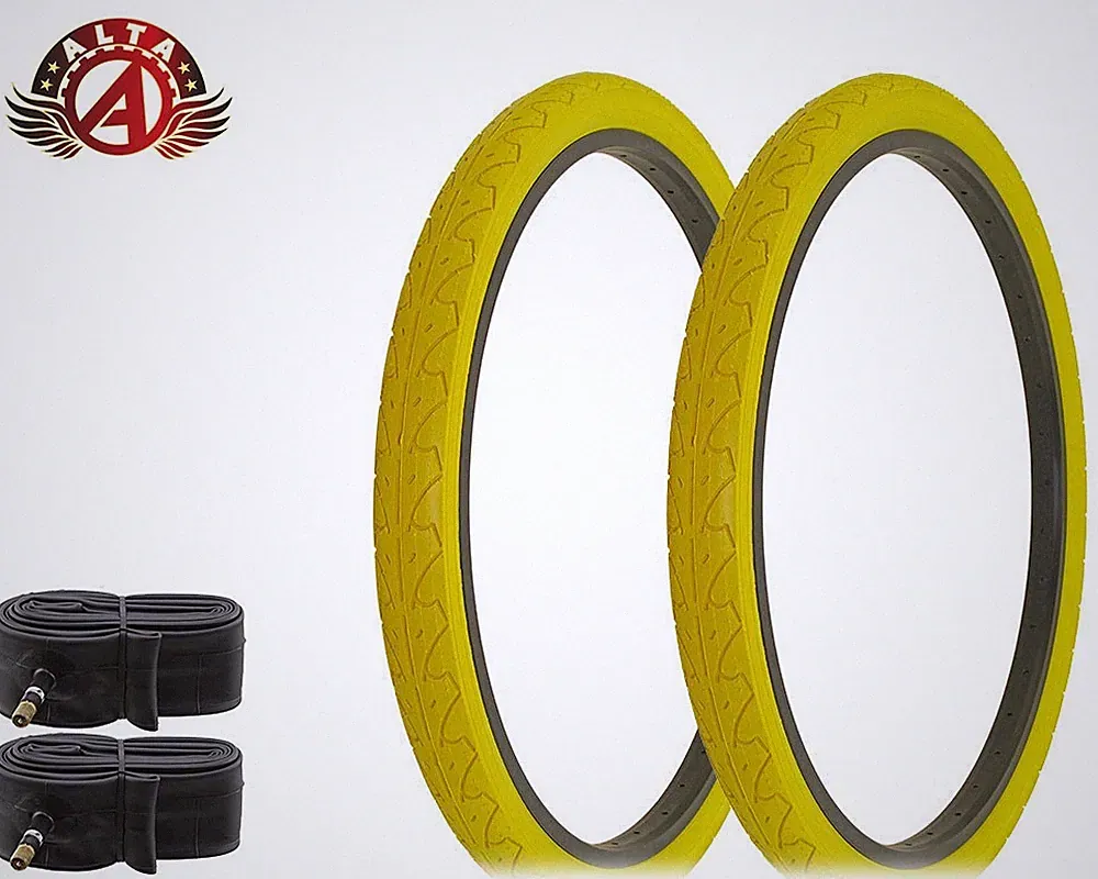 2 ALTA BICYCLE CRUISER DURABLE TIRE 26 x 1.95 YELLOW CITY CAVALIER SLICK W/Tubes