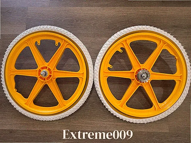 20" Bicycle Mag Wheels Set 6 Spoke YELLOW BMX Bike with 20x1.75 Comp WHITE tires