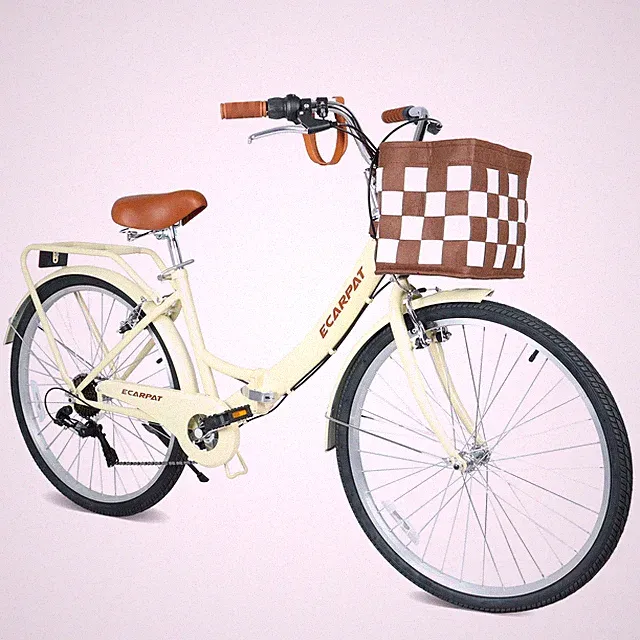 26 Inch Folding City Bike with Detachable Basket & Cup Holder Steel Frame Yellow