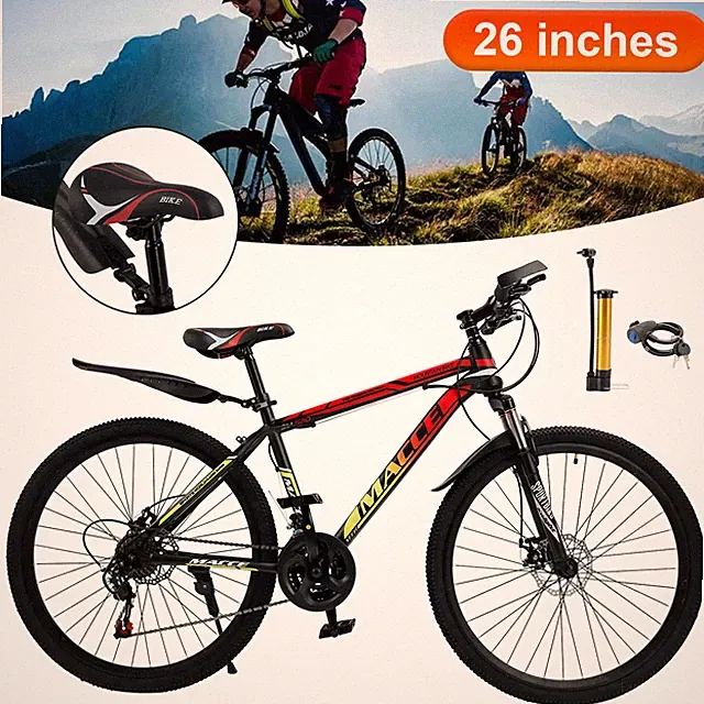 26" Spoke Wheel 24 Speed Mountain Bicycle Adult Bike MTB w/ fender Red+Yellow