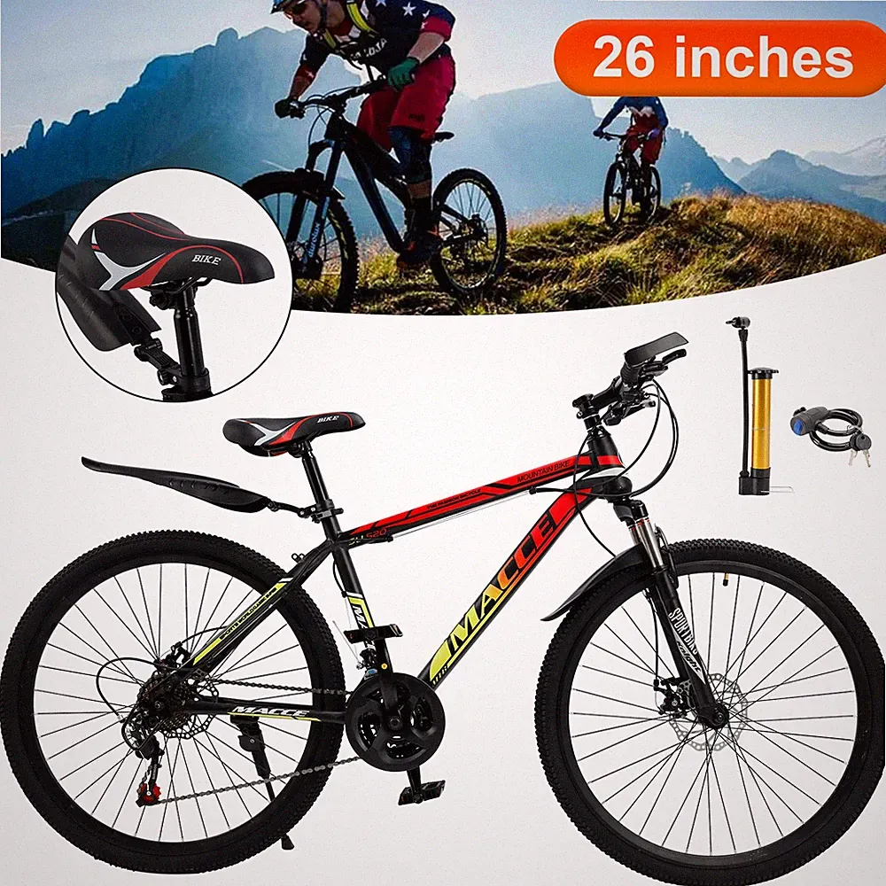26" Spoke Wheel 24 Speed Mountain Bicycle Adult Bike MTB w/ fender Red+Yellow U