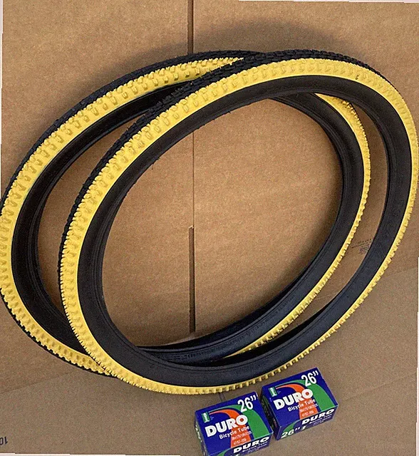 26”x 2.10 Yellow Black Stripes Bike Knobby Tires + Tubes MTB Rough Terrain NEW