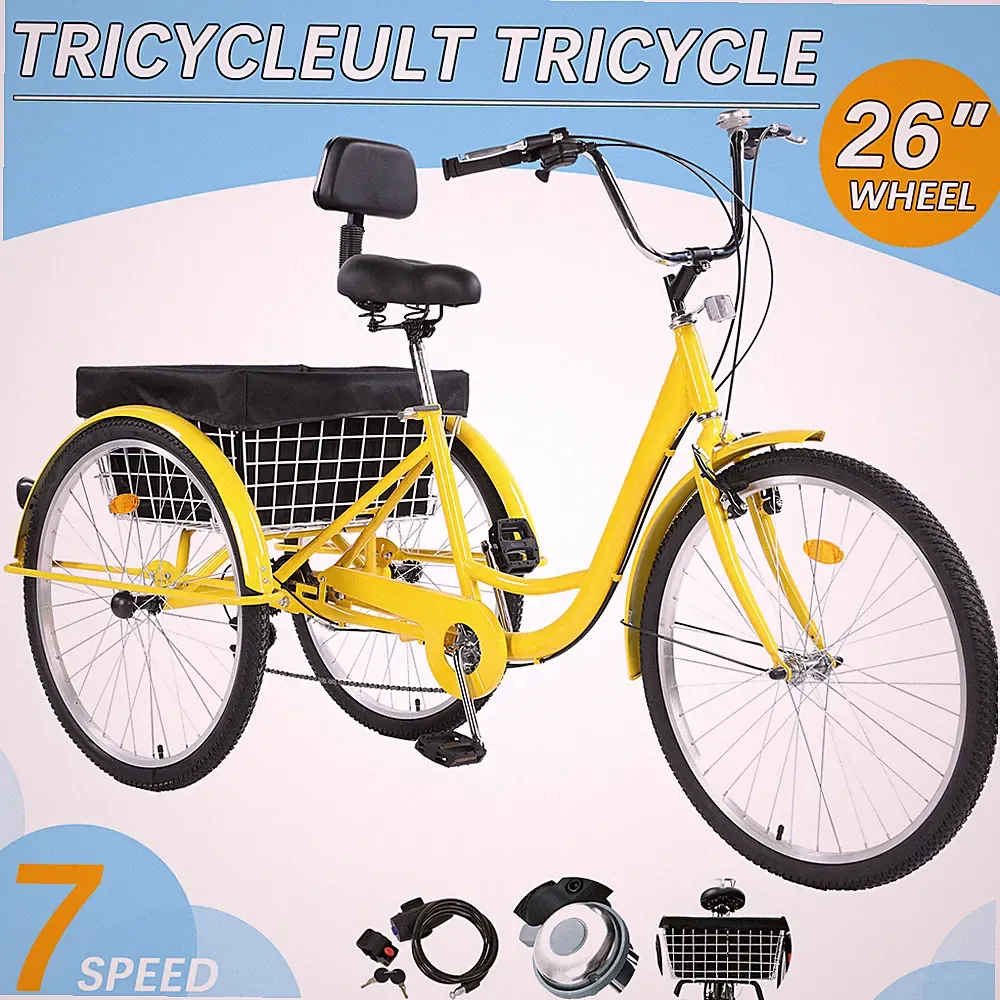 Adult Tricycle Three Wheel Trike Bike Cruiser 7 Speed 26″ w/ Cargo Basket Yellow