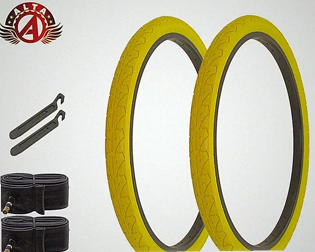 ALTA BICYCLE CRUISER DURABLE TIRE 26 x 1.95 YELLOW CITY CAVALIER SLICK 6pc SET.
