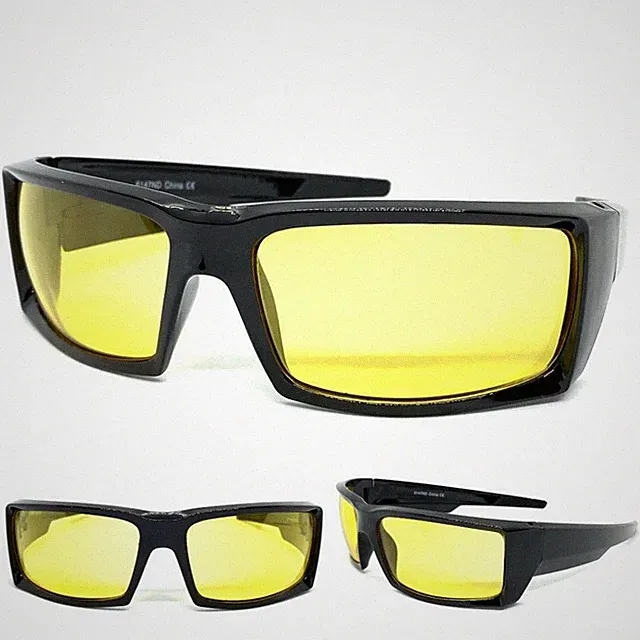 Biker Wrap Sport Safety SUN GLASSES Eyewear Day Night Driving Riding Yellow Lens