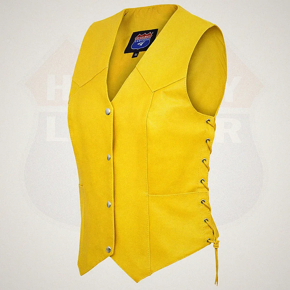 HL14501 Yellow Leather Vest - Women motorcycle Club