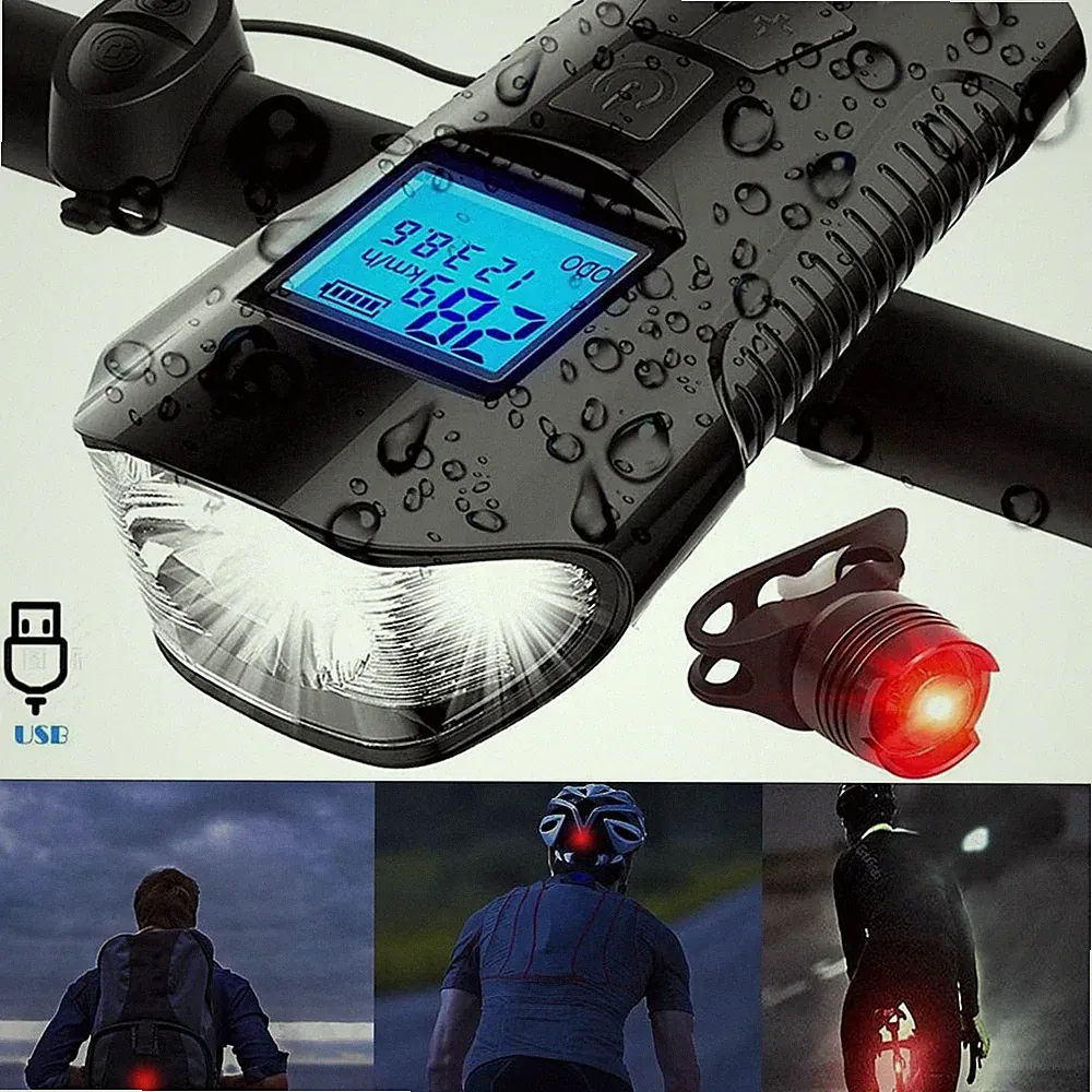 LED Cycle Headlight Bicycle USB Front Light with Bike Speedometer Odometer Horn