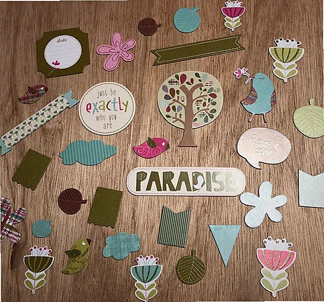 Little Yellow Bicycle Nature Chipboard Shapes 32 PC Glitter Accents NIP