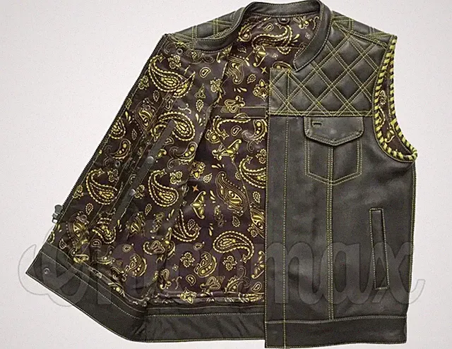 Men's Motorcycle Cowhide Leather Vest Paisley Liner Diamond Quilted Design Vest