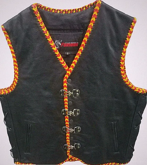 Motorcycle Leather Vest Motorbike Buckle Leather Braided Red & Yellow Bike Vest