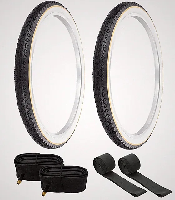 PRO+ BICYCLE TIRES 26 x 2.125 WHITEWALL YELLOW LINE DIAMOND W/TUBES & RIM STRIPS