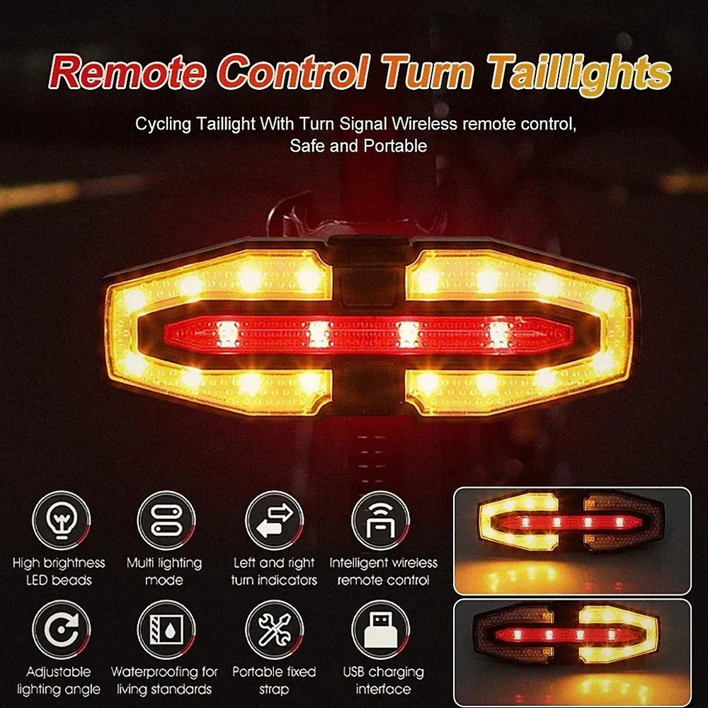 Remote Bike Taillight Turn Signal Light Wireless USB Rear Light Warning Lantern