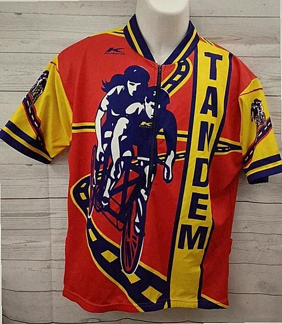 Vtg KUCHARIK CLOTHING Tandem Mens Bicycle Jersey Red Yellow USA Sz L Chest 40