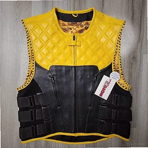 Yellow Leather Motorcycle Vest With Side Straps/Yellow Paisley Lining Waistcoat